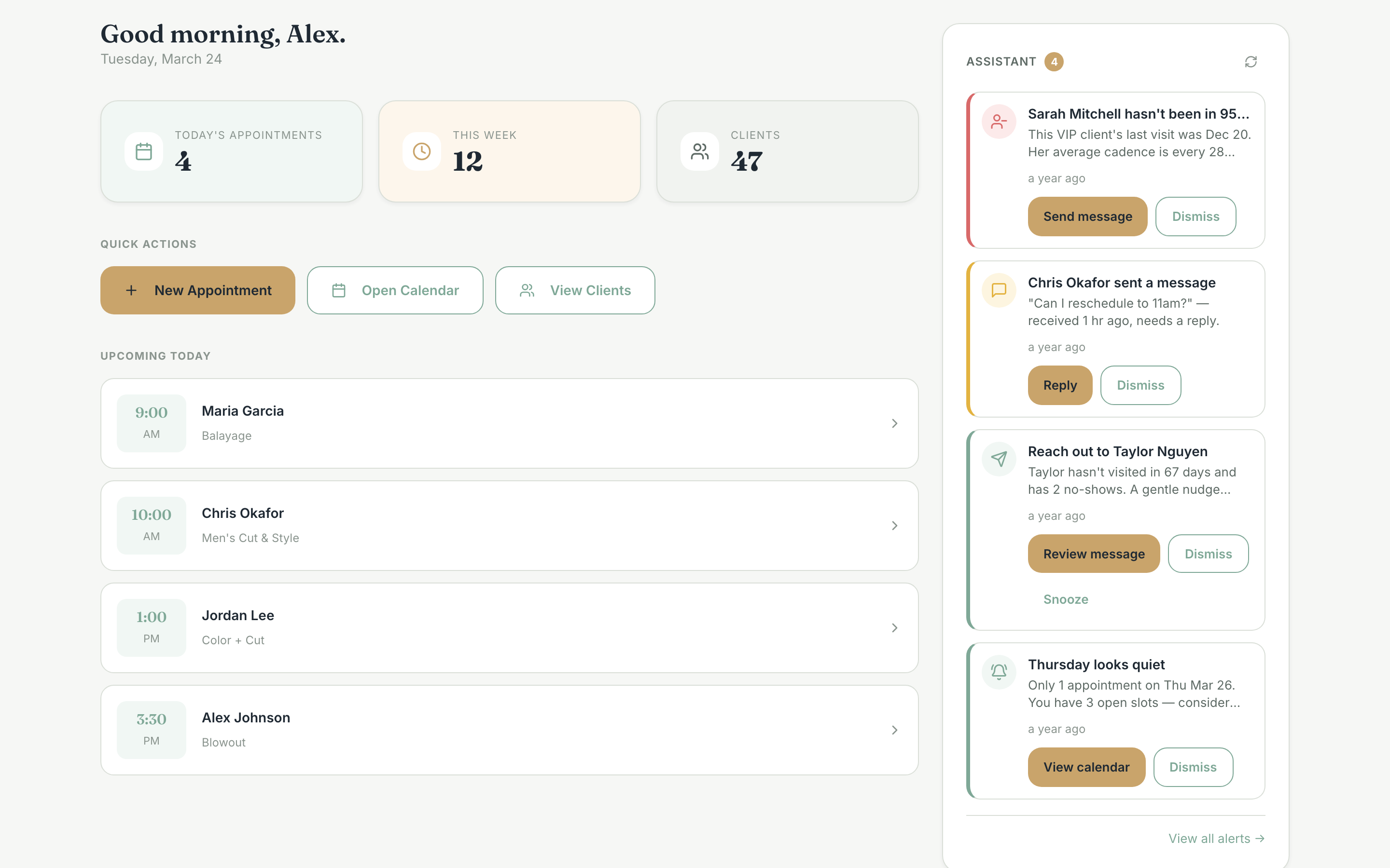 Tilly showing client attention insights and suggested next actions